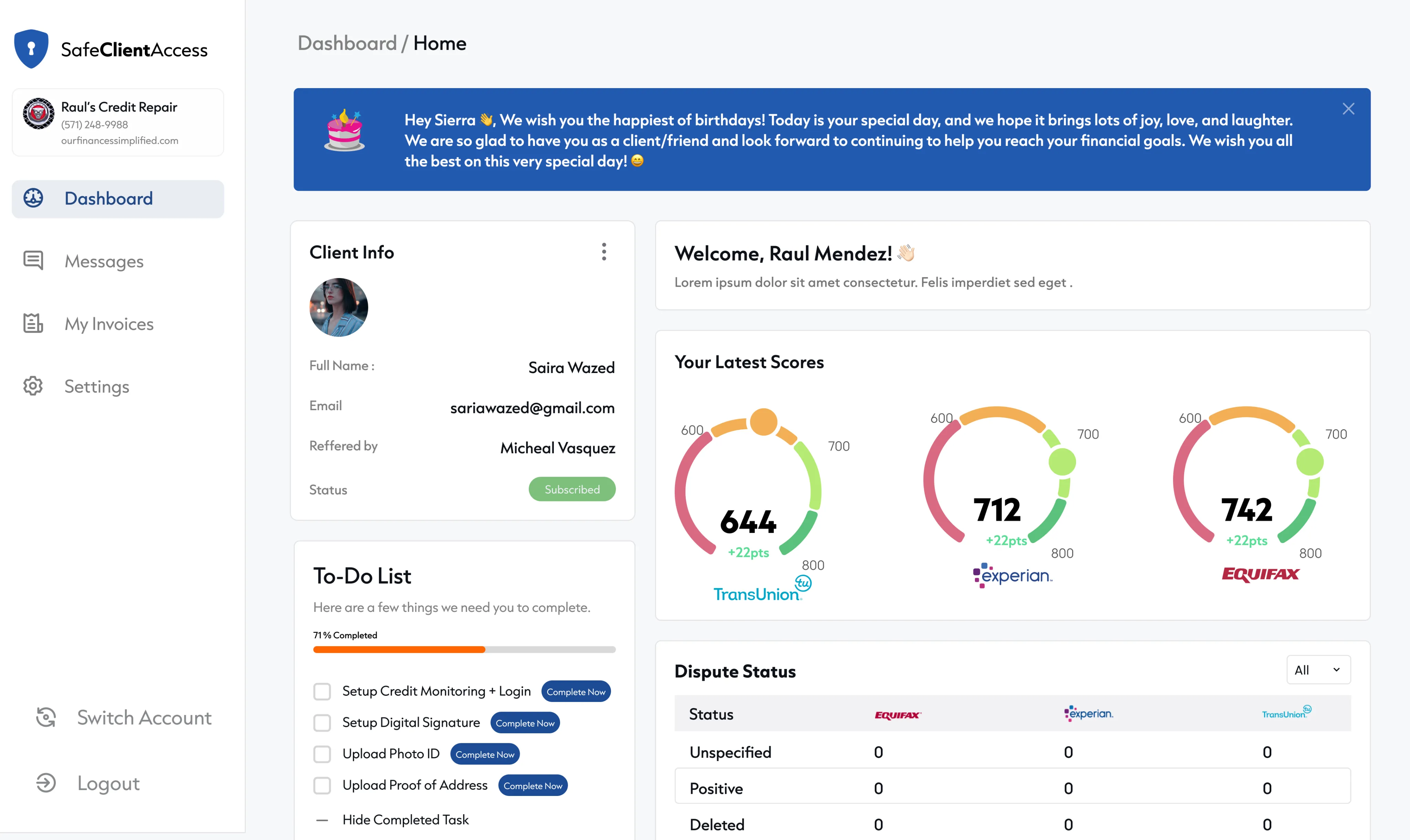 Dispute Panda's branded client portal dashboard